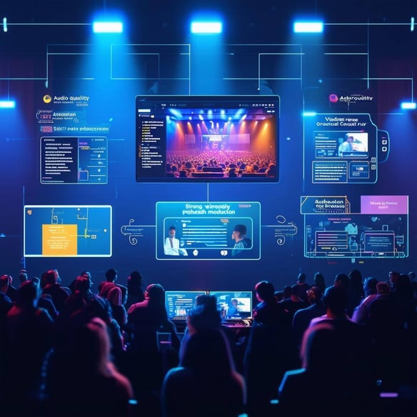 An image of a virtual event production with clear goals, a userfriendly platform, highquality audiovisual production, engaging content, strong event m