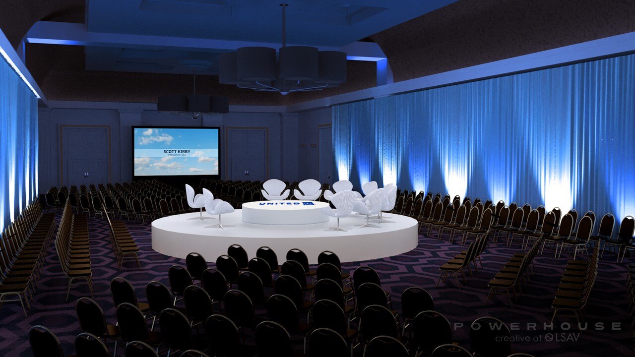 Render of United Airlines stage for event